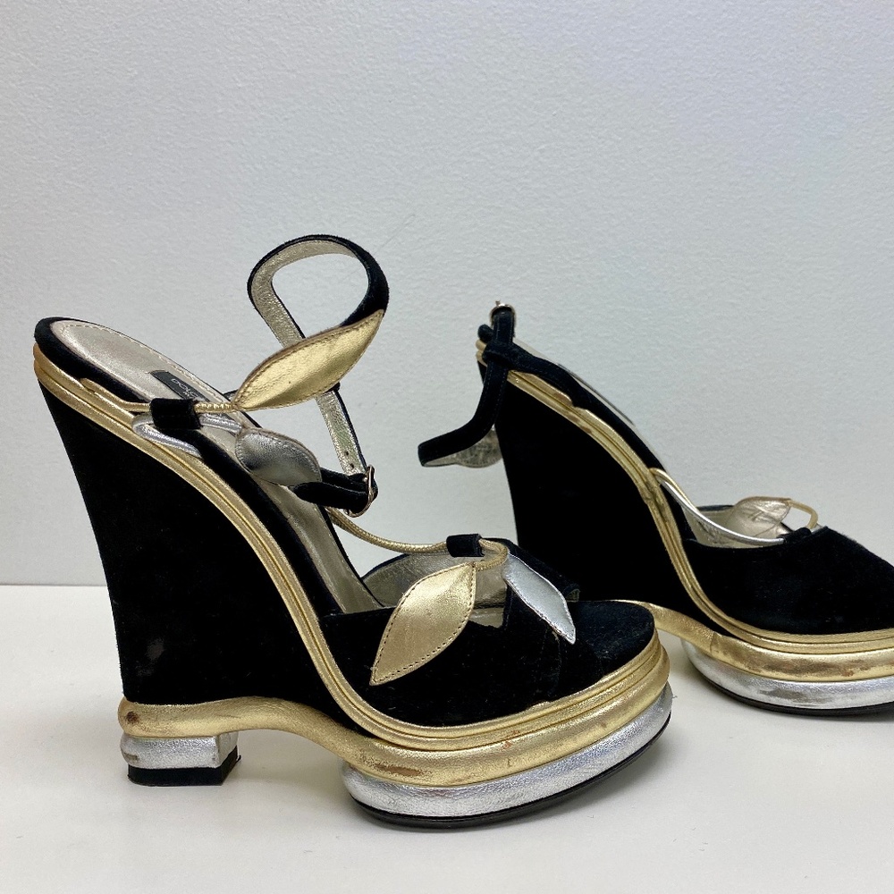Dolce & Gabbana - Black Suede Metallic Leaf Applique Platforms
